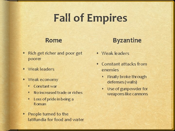 Fall of Empires Rome Rich get richer and poor get poorer Weak leaders Weak