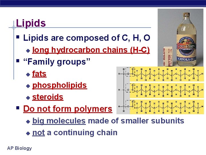 Lipids § Lipids are composed of C, H, O u long hydrocarbon chains (H-C)