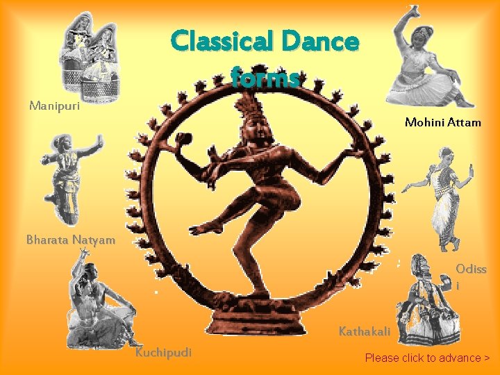 Classical Dance forms Manipuri Mohini Attam Bharata Natyam Odiss i Kathakali Kuchipudi Please click