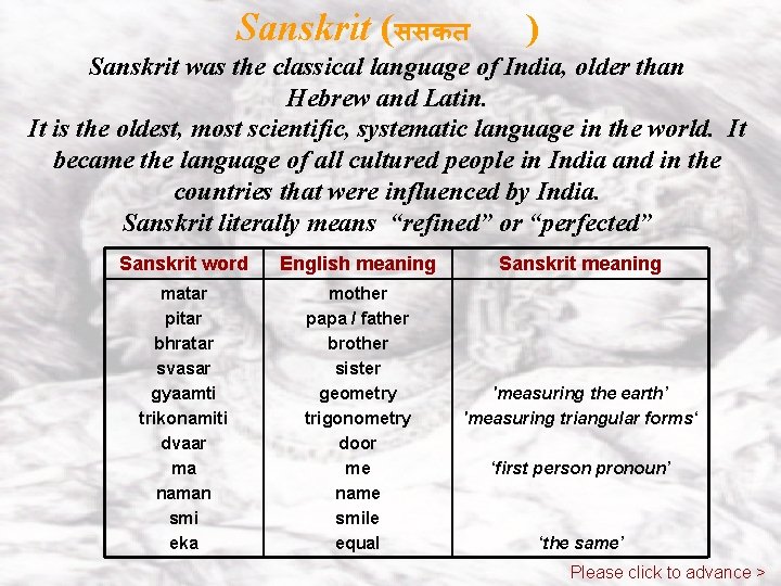 Sanskrit (ससकत ) Sanskrit was the classical language of India, older than Hebrew and