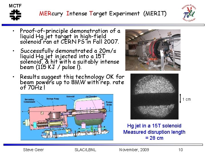 MCTF MERcury Intense Target Experiment (MERIT) • Proof-of-principle demonstration of a liquid Hg jet