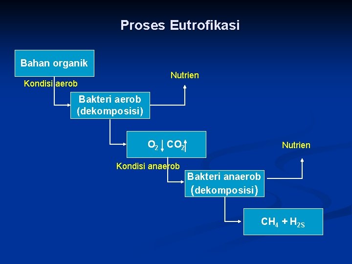 Proses Eutrofikasi Bahan organik Nutrien Kondisi aerob Bakteri aerob (dekomposisi) O 2 CO 2