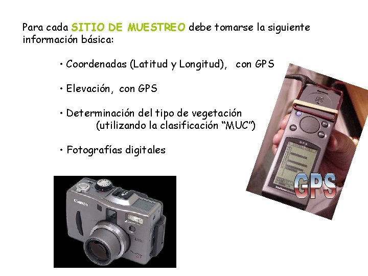 Para cada SITIO DE MUESTREO debe tomarse la siguiente información básica: • Coordenadas (Latitud