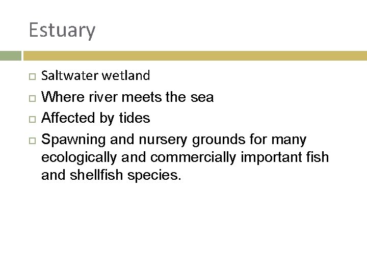 Estuary Saltwater wetland Where river meets the sea Affected by tides Spawning and nursery