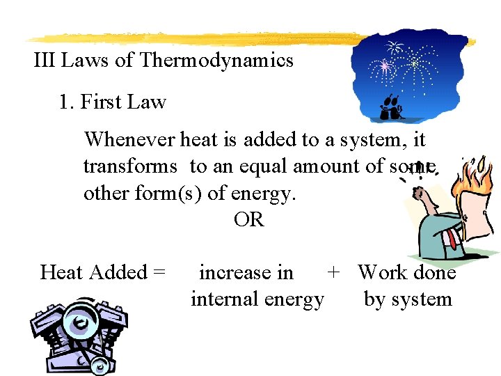 III Laws of Thermodynamics 1. First Law Whenever heat is added to a system,