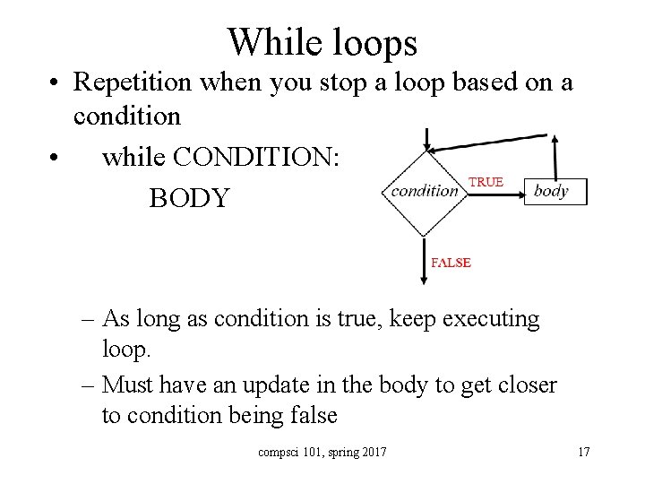 While loops • Repetition when you stop a loop based on a condition •