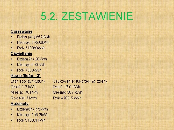 5. 2. ZESTAWIENIE Ogrzewanie • Dzień (4 h) 852 k. Wh • Miesiąc 25560