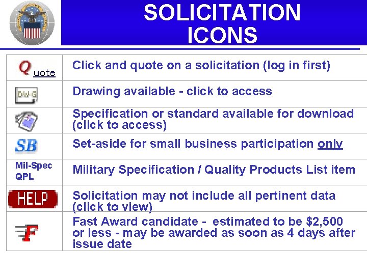 SOLICITATION ICONS Click and quote on a solicitation (log in first) Drawing available -