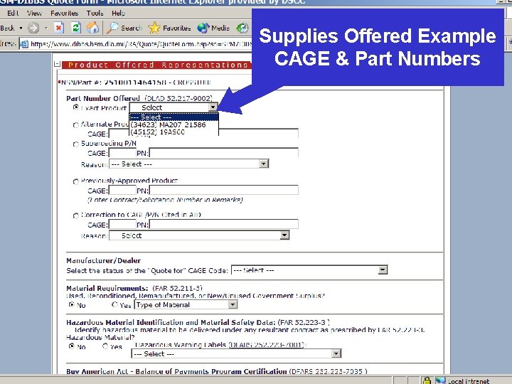 Supplies Offered Example CAGE & Part Numbers 