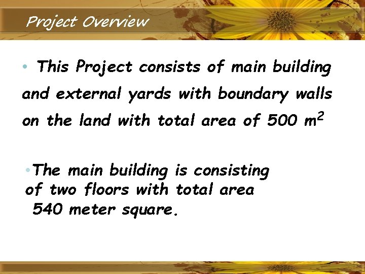 Project Overview • This Project consists of main building and external yards with boundary