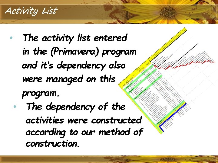 Activity List • The activity list entered in the (Primavera) program and it’s dependency