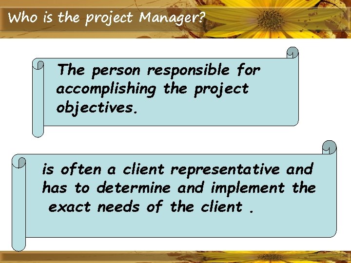 Who is the project Manager? The person responsible for accomplishing the project objectives. is