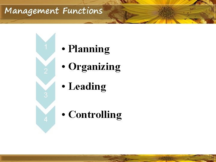 Management Functions 1 2 3 4 • Planning • Organizing • Leading • Controlling