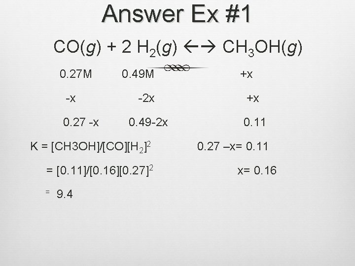 Answer Ex #1 CO(g) + 2 H 2(g) CH 3 OH(g) 0. 27 M
