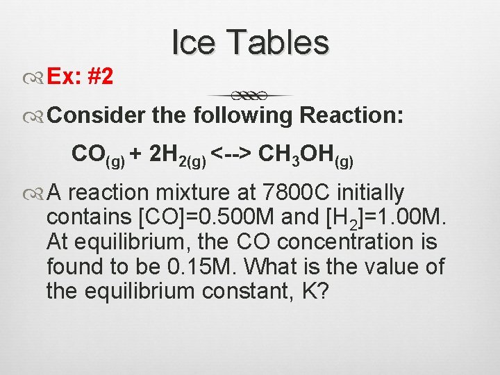 Ice Tables Ex: #2 Consider the following Reaction: CO(g) + 2 H 2(g) <-->
