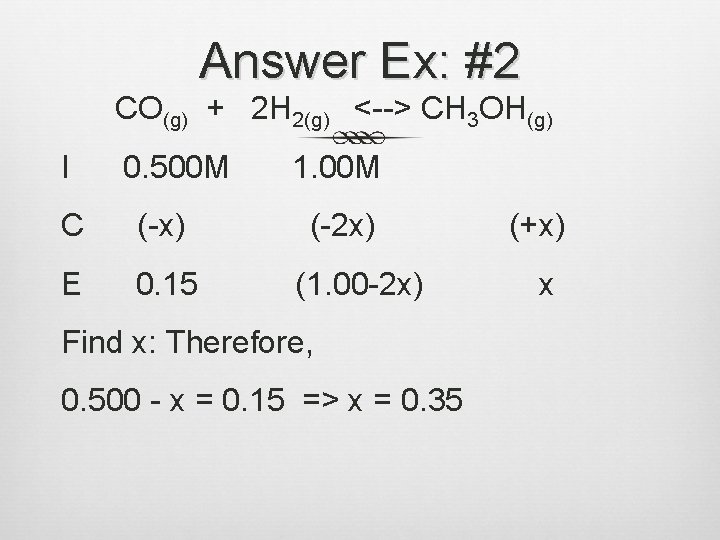 Answer Ex: #2 CO(g) + 2 H 2(g) <--> CH 3 OH(g) I 0.