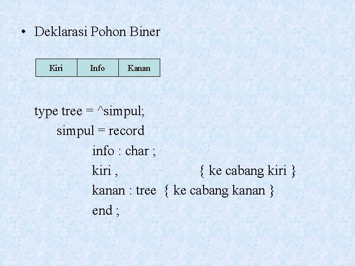  • Deklarasi Pohon Biner Kiri Info Kanan type tree = ^simpul; simpul =