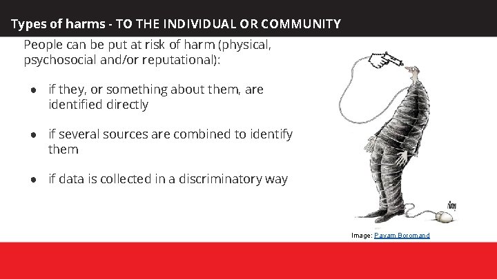 Types of harms - TO THE INDIVIDUAL OR COMMUNITY People can be put at