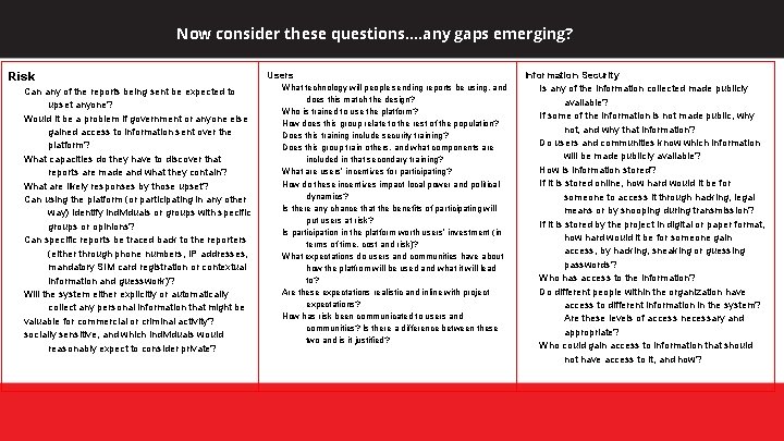 Now consider these questions…. any gaps emerging? Risk Can any of the reports being