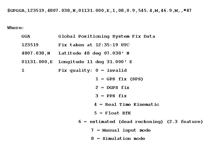 $GPGGA, 123519, 4807. 038, N, 01131. 000, E, 1, 08, 0. 9, 545. 4,