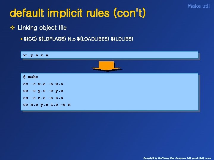 default implicit rules (con't) v Linking object file § $(CC) $(LDFLAGS) N. o $(LOADLIBES)