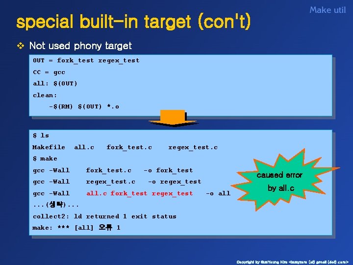 special built-in target (con't) v Not used phony target OUT = fork_test regex_test CC