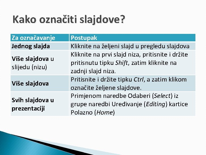 Kako označiti slajdove? Za označavanje Jednog slajda Više slajdova u slijedu (nizu) Više slajdova