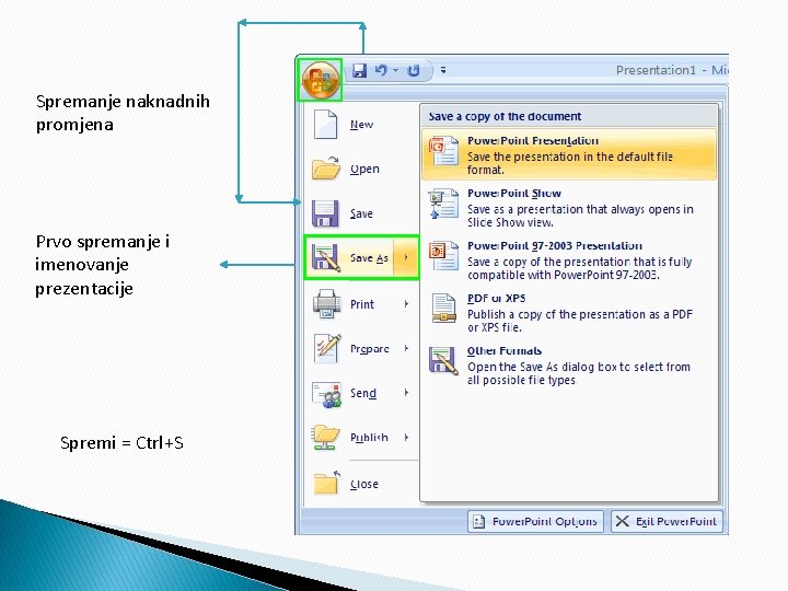 Spremanje naknadnih promjena Prvo spremanje i imenovanje prezentacije Spremi = Ctrl+S 