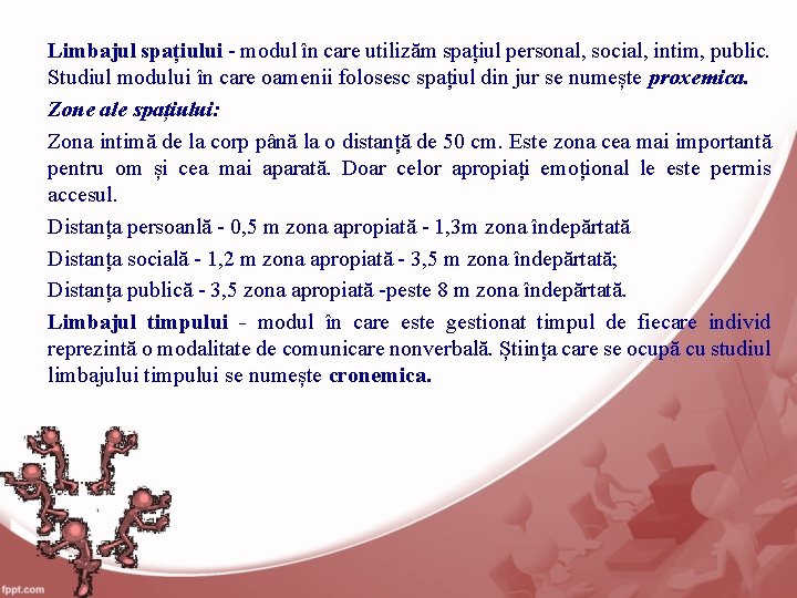 Limbajul spațiului - modul în care utilizăm spațiul personal, social, intim, public. Studiul modului