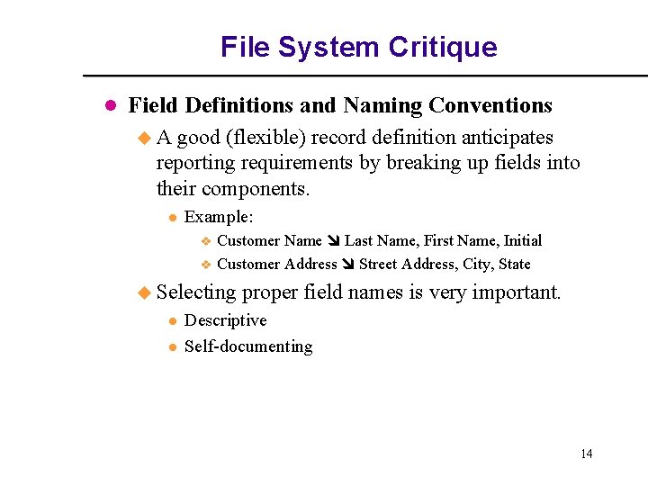 File System Critique l Field Definitions and Naming Conventions u. A good (flexible) record File System Critique l Field Definitions and Naming Conventions u. A good (flexible) record