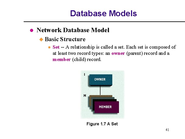 Database Models l Network Database Model u Basic l Structure Set -- A relationship Database Models l Network Database Model u Basic l Structure Set -- A relationship