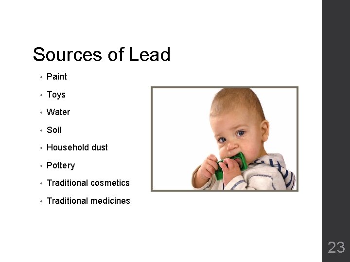 Sources of Lead • Paint • Toys • Water • Soil • Household dust Sources of Lead • Paint • Toys • Water • Soil • Household dust