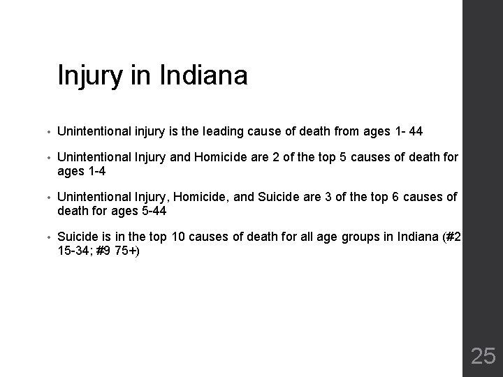 Injury in Indiana • Unintentional injury is the leading cause of death from ages Injury in Indiana • Unintentional injury is the leading cause of death from ages