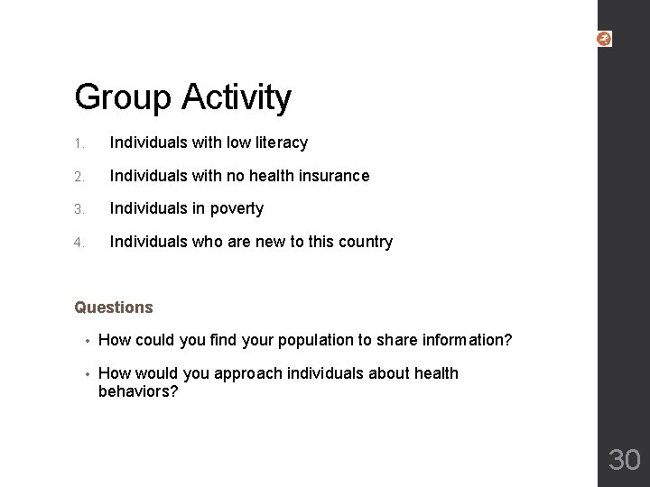 Group Activity 1. Individuals with low literacy 2. Individuals with no health insurance 3. Group Activity 1. Individuals with low literacy 2. Individuals with no health insurance 3.