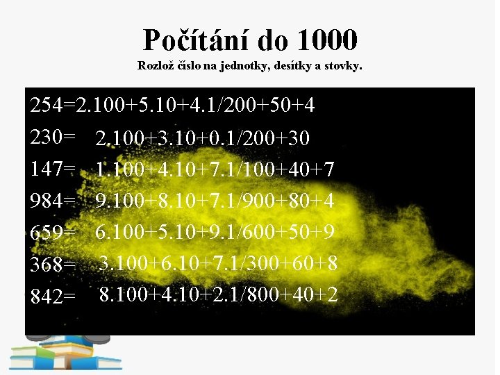 Počítání do 1000 Rozlož číslo na jednotky, desítky a stovky. 254=2. 100+5. 10+4. 1/200+50+4