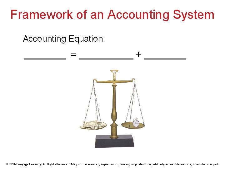 Framework of an Accounting System Accounting Equation: _____ = _______ + _____ © 2014