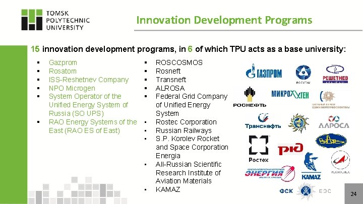 Innovation Development Programs 15 innovation development programs, in 6 of which TPU acts as