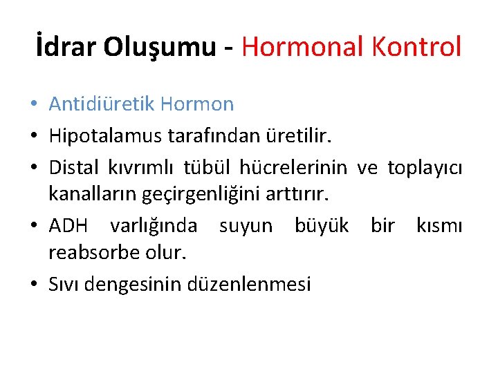 İdrar Oluşumu - Hormonal Kontrol • Antidiüretik Hormon • Hipotalamus tarafından üretilir. • Distal