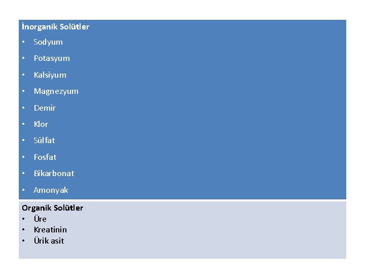İnorganik Solütler • Sodyum • Potasyum • Kalsiyum • Magnezyum • Demir • Klor