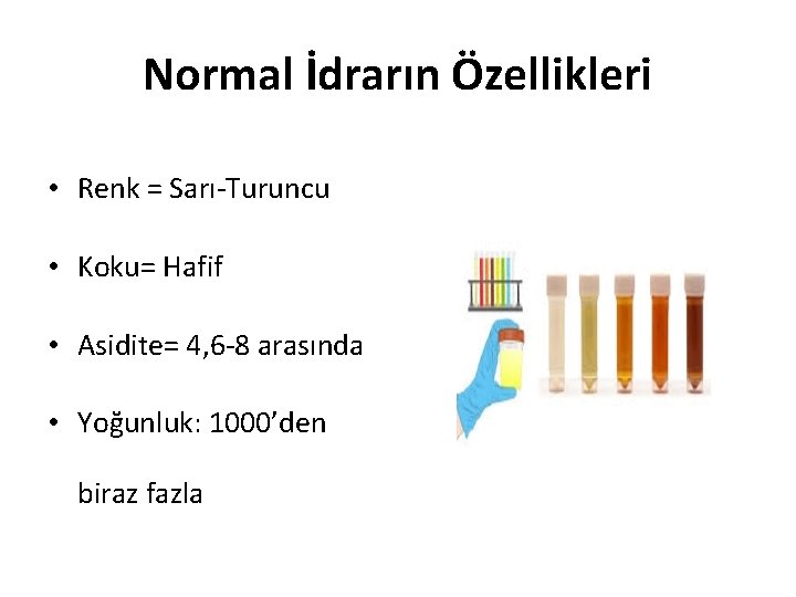 Normal İdrarın Özellikleri • Renk = Sarı-Turuncu • Koku= Hafif • Asidite= 4, 6