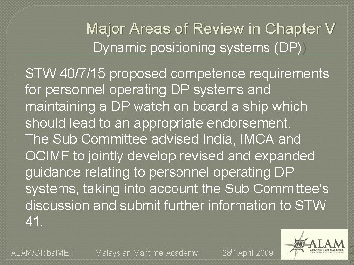 Major Areas of Review in Chapter V Dynamic positioning systems (DP)) STW 40/7/15 proposed