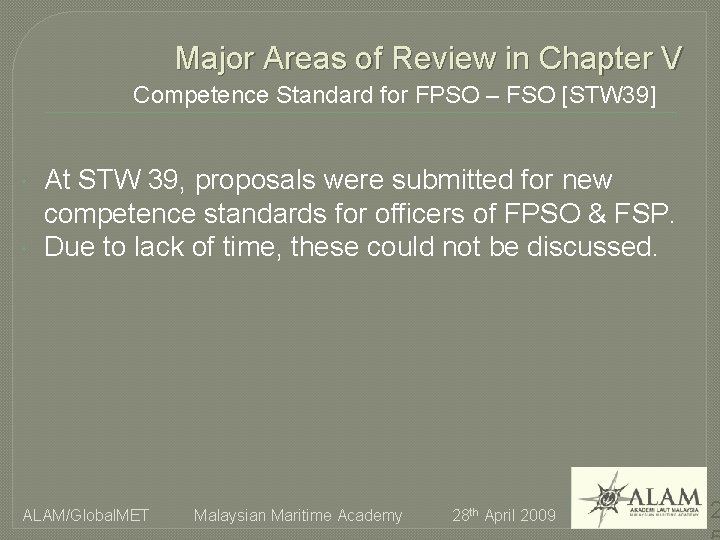 Major Areas of Review in Chapter V Competence Standard for FPSO – FSO [STW