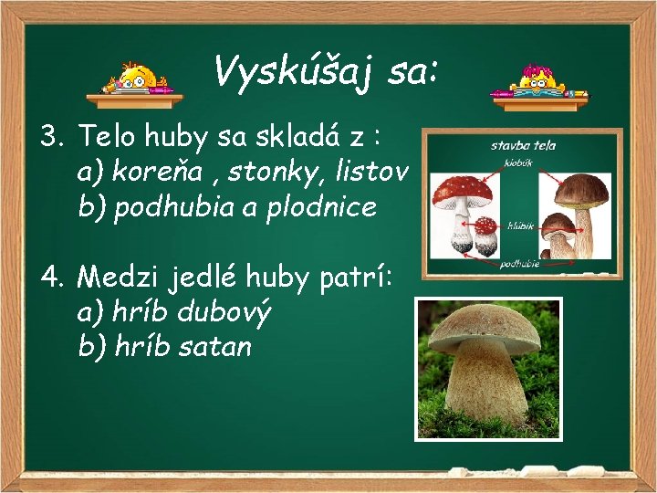 Vyskúšaj sa: 3. Telo huby sa skladá z : a) koreňa , stonky, listov