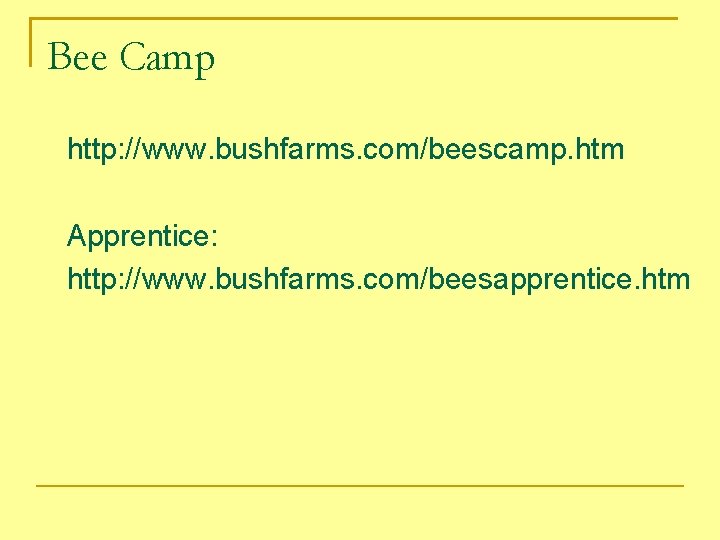 Bee Camp http: //www. bushfarms. com/beescamp. htm Apprentice: http: //www. bushfarms. com/beesapprentice. htm 