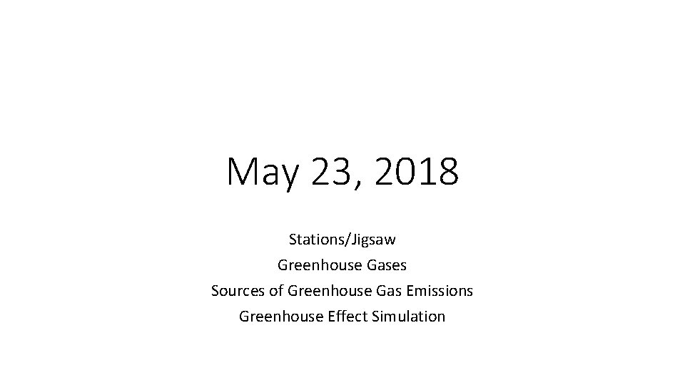 May 23, 2018 Stations/Jigsaw Greenhouse Gases Sources of Greenhouse Gas Emissions Greenhouse Effect Simulation