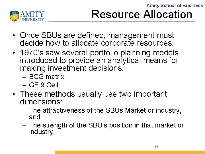 Amity School of Business Resource Allocation • Once SBUs are defined, management must decide