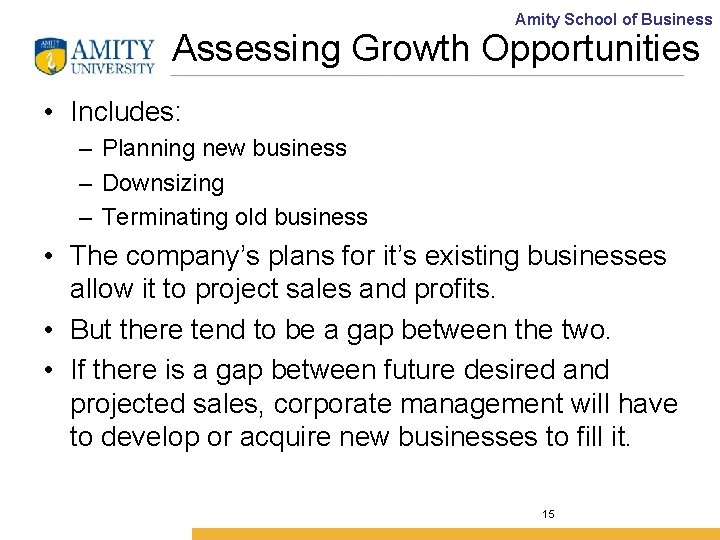 Amity School of Business Assessing Growth Opportunities • Includes: – Planning new business –
