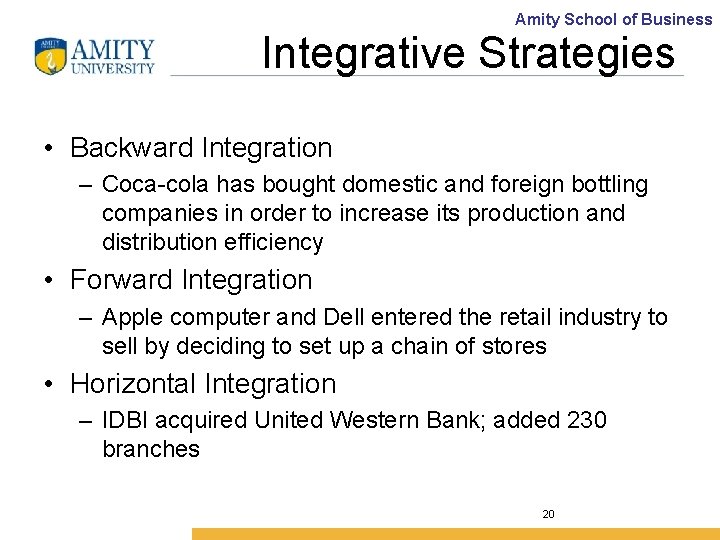 Amity School of Business Integrative Strategies • Backward Integration – Coca-cola has bought domestic