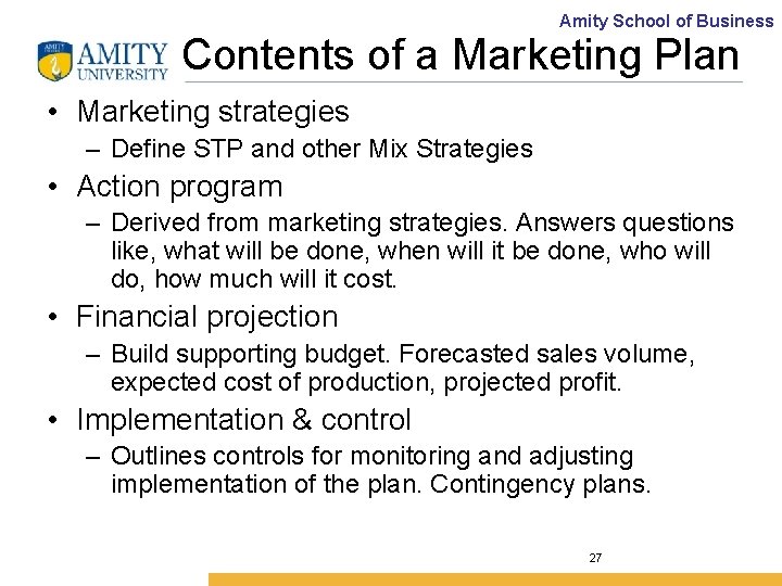 Amity School of Business Contents of a Marketing Plan • Marketing strategies – Define