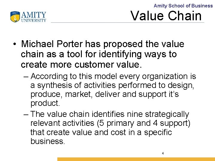 Amity School of Business Value Chain • Michael Porter has proposed the value chain
